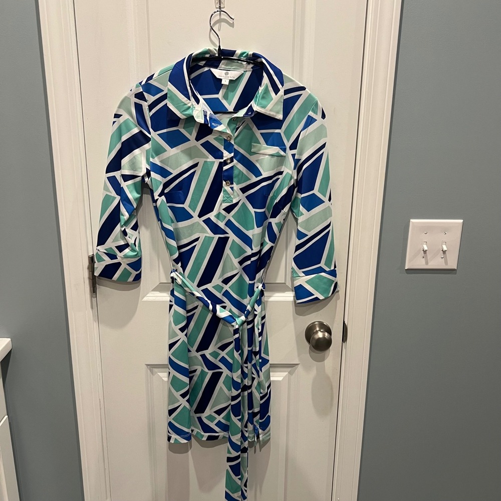 Jean-Pierre Klifa Shirt Dress Womens Small Blue Geometric 3/4 Sleeve Belted